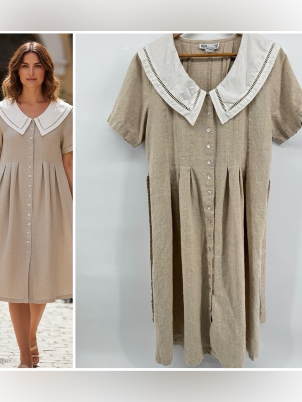 Vintage Ellen Ashley  Linen & Cotton Button-Front Dress  Sailor Collar Size 12P